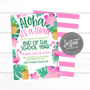 Zaproszenie na imprezę przy basenie Aloha Summer, zaproszenie na imprezę na zakończenie szkoły, zaproszenie na Luau, edytowalne zaproszenie na imprezę klasową, natychmiastowy dostęp — EDYTUJ TERAZ