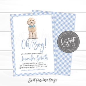 Dog Baby Shower Invitation, Oh Boy Invitation, Blue Boy Gingham Dog Invite, Cockapoo Invite, Puppy Dog, Editable invite, Instant Access