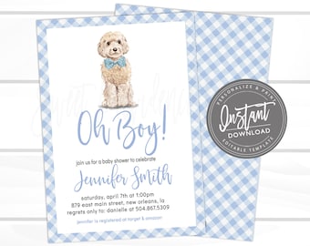 May include: A baby shower invitation featuring a watercolour illustration of a light brown dog wearing a blue bow tie. The text "Oh Boy!" is written in blue cursive font. The invitation includes the text "Jennifer Smith" and details for the baby shower.