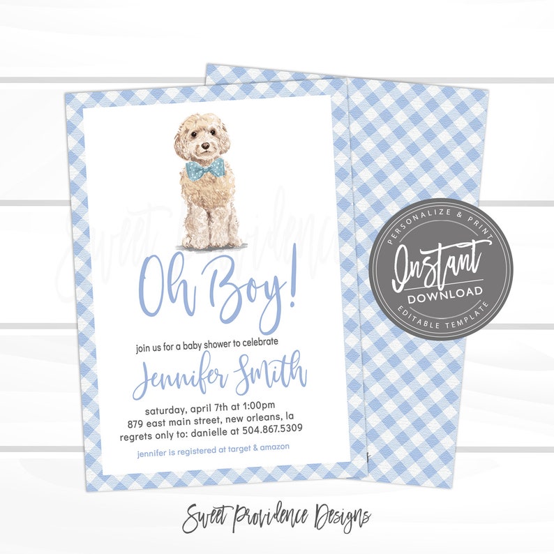 Puede incluir: Una invitaci&oacute;n de baby shower con una ilustraci&oacute;n de acuarela de un perro marr&oacute;n claro con una pajarita azul. El texto "Oh Boy!" est&aacute; escrito en letra cursiva azul. La invitaci&oacute;n incluye el texto "Jennifer Smith" y los detalles de la baby shower.