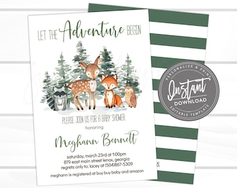 Adventure Baby Shower Invitation, Gender Neutral Forest Woodland Animal Invite, Editable Boy Girl Winter, Printable Template Instant Access