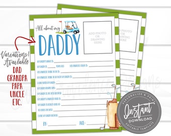 Fathers day Questionnaire, EDITABLE All about Daddy Survey, Questions for kids, Golf Theme, Greeting Card, Father's Day Gift Ideas from kids