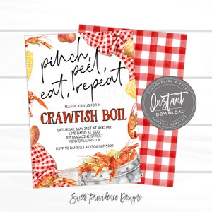 May include: Invitation to a crawfish boil with a red and white checkered tablecloth, a bucket of crawfish, and the text "Pinch, Peel, Eat, Repeat". The invitation includes the date, time, location, and RSVP information.