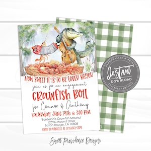 May include: An invitation to a crawfish boil engagement party for Connor and Anthony. The invitation features a cartoon alligator playing a cello and a crawfish playing an accordion. The text reads "How sweet it is to be loved Bayou, join us for an engagement crawfish boil for Connor & Anthony, Saturday, June 19th @ 3:00 PM, Bordelon's Crawfish Mound, 12596 Mound Drive, Baton Rouge, LA 70808, RSVP to Danielle at (225)867-5309, Sweet Providence Designs."