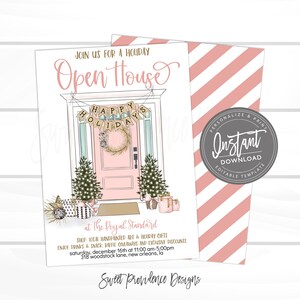 May include: Holiday Open House invitation with a pink door, Christmas trees, and gift boxes. The invitation includes the text "Join us for a Holiday Open House" and "Happy Holidays". A pink and white striped envelope is included.