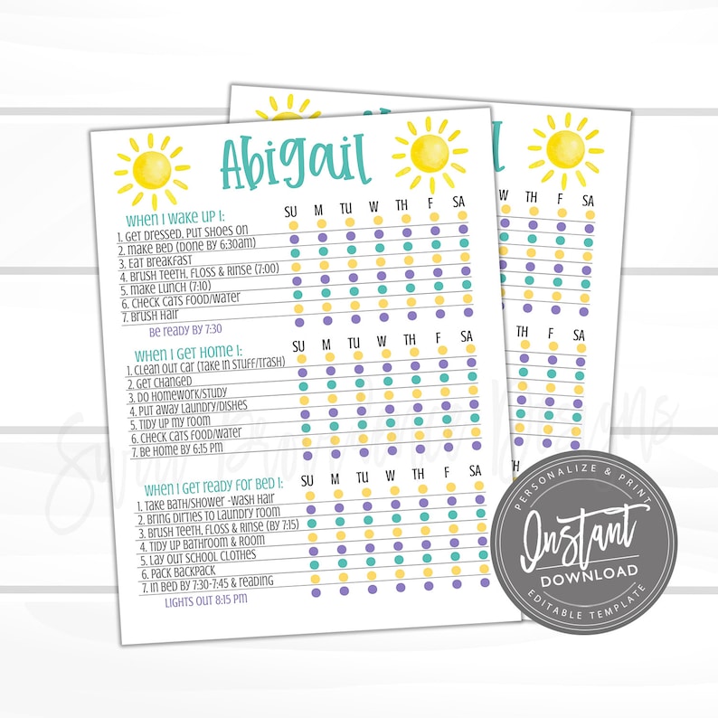 May include: A printable chore chart for kids with a yellow sun and the name Abigail at the top. The chart is divided into days of the week and has a list of chores for morning, afternoon, and evening. The chart is designed to help kids stay organized and on track with their daily tasks.