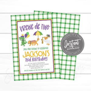 Mardi Gras Birthday Invitation, Animal Parade, Krewe de Two,  Editable template, Birthday Boy, Fat Tuesday Carnival, Instant Access