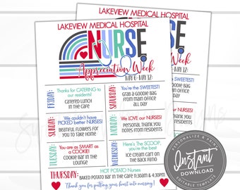 EDITABLE Nurse Appreciation Week Itinerary Poster, Printable Digital File, National Nurses Week Schedule Events Medical Staff Instant Access