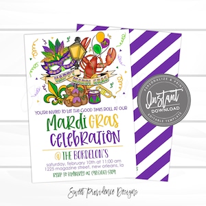 May include: An invitation to a Mardi Gras celebration at The Bordelon's on 10th February at 11:00 am. The invitation features a colourful illustration of Mardi Gras symbols, including a mask, a king cake, a trumpet, and a crawfish.