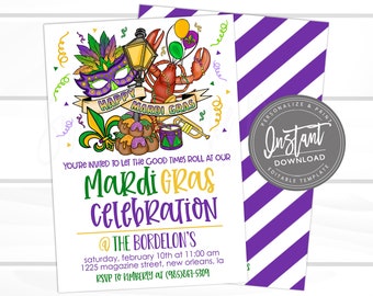 Może przedstawiać: Zaproszenie na świętowanie Mardi Gras w The Bordelon's 10 lutego o 11:00. Zaproszenie zawiera kolorową ilustrację symboli Mardi Gras, w tym maskę, ciasto królewskie, trąbkę i raka.