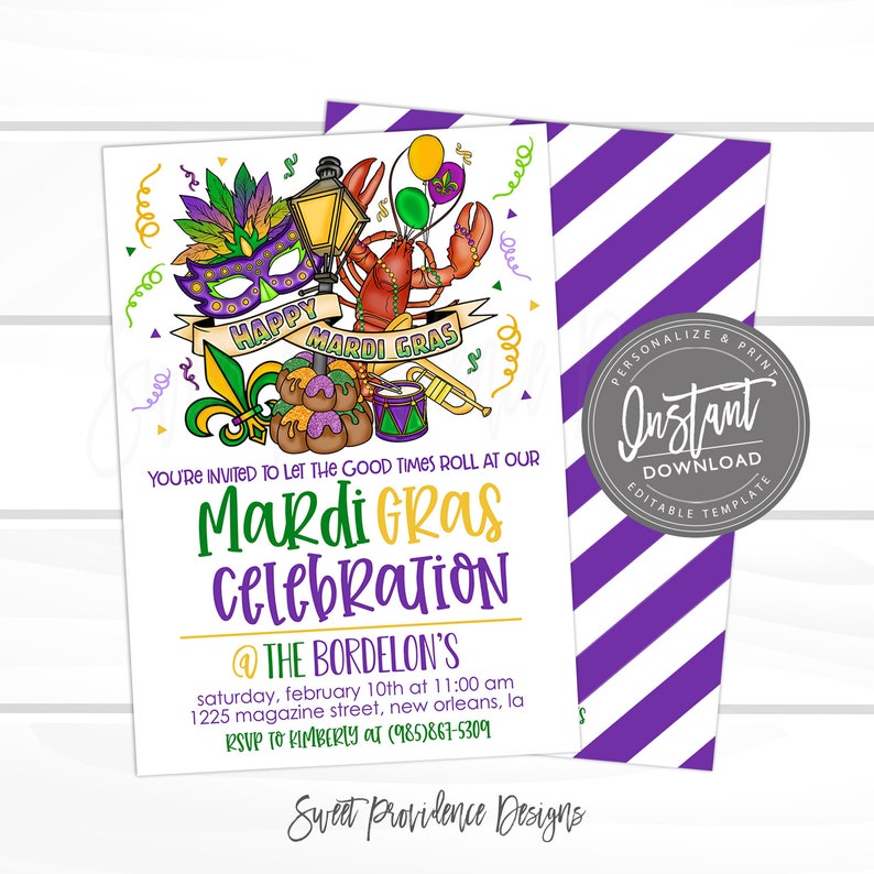 May include: An invitation to a Mardi Gras celebration at The Bordelon's on 10th February at 11:00 am. The invitation features a colourful illustration of Mardi Gras symbols, including a mask, a king cake, a trumpet, and a crawfish.