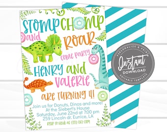 Donuts and Dinos Birthday Invitation, Editable Dinosaur Donut, Sibling Birthdays, Stomp Chomp Roar, Corjl Template, Instant Access