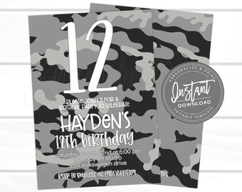 Editable Camo Party Invitation, Birthday Party, Boy Birthday Invitation, Camouflage Birthday Party, Camo party, Any Age, Instant Access