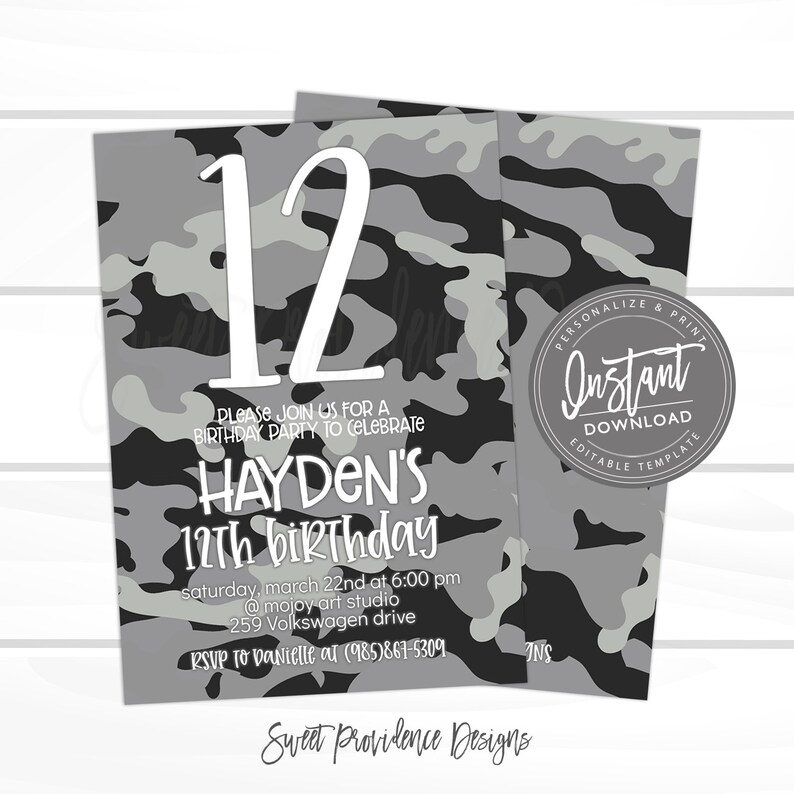 May include: A printable invitation for a 12th birthday party with a camouflage pattern in black and gray. The invitation says "Hayden's 12th birthday" and includes the date, time, and location of the party. It also includes the text "Please join us for a birthday party to celebrate".