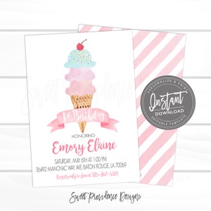 Ice Cream Birthday Party Invitation, First Birthday, Pink Ice Cream Social invitation, Editable Birthday Invite template, Instant Access