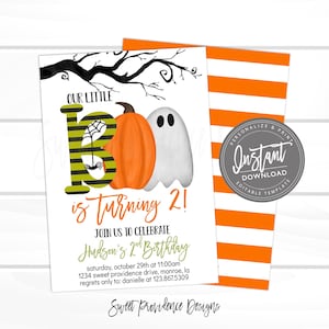 May include: A Halloween-themed birthday invitation with a cartoon ghost and pumpkin. The text reads "Our Little is turning 2! Join us to celebrate Hudson's 2nd Birthday. Saturday, October 29th at 11:00 am. 1234 Sweet Providence Drive, Monroe, LA. Regrets only to: Danielle at 123.867.5309. Sweet Providence Designs."
