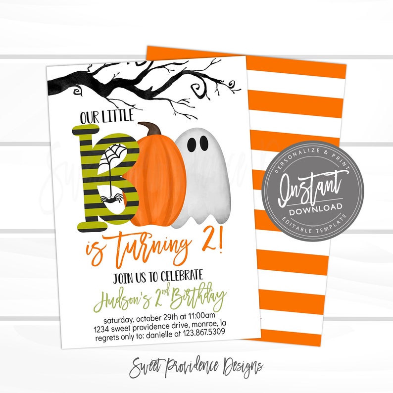 May include: A Halloween-themed birthday invitation with a cartoon ghost and pumpkin. The text reads "Our Little is turning 2! Join us to celebrate Hudson's 2nd Birthday. Saturday, October 29th at 11:00 am. 1234 Sweet Providence Drive, Monroe, LA. Regrets only to: Danielle at 123.867.5309. Sweet Providence Designs."