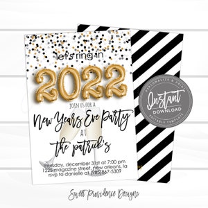 New Years Eve Party Invitation, Editable NYE Party, 2022 Invitation, New Years Party, Black & Glitter, Printable, , Instant Download image 1
