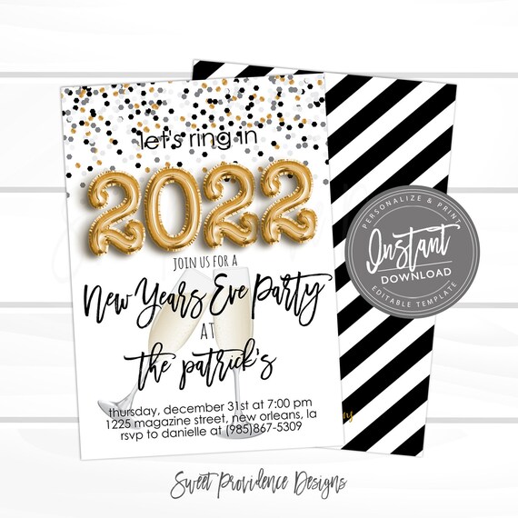 New Years Eve Party Invitation, Editable NYE Party, 2022 Invitation, New Years Party, Black & Glitter, Printable, , Instant Download Il_570xn