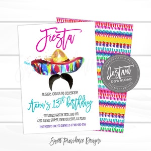 Fiesta Birthday invitation, Sombrero Invite, Fiesta theme party, Girl birthday, Editable template, cinco de mayo, Instant Access