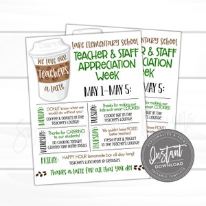 EDITABLE Teacher Appreciation Week Itinerary, Thanks A Latte, Printable Digital File, Appreciation Week Schedule Events, Instant Access image 1