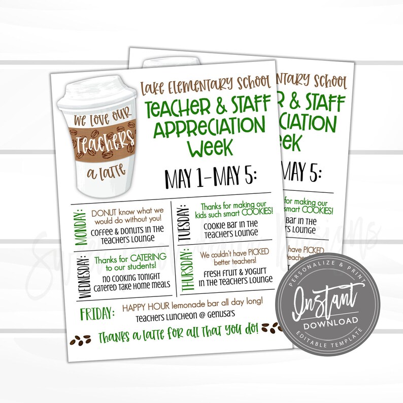 EDITABLE Teacher Appreciation Week Itinerary, Thanks A Latte, Printable Digital File, Appreciation Week Schedule Events, Instant Access image 1