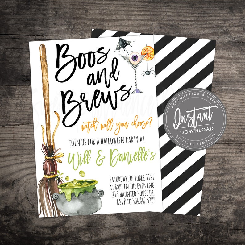 May include: Halloween party invitation with the text "Boos and Brews". The invitation features a watercolor illustration of a witch's broom, cauldron, and a martini glass with an eyeball. The back of the invitation has black and white diagonal stripes.