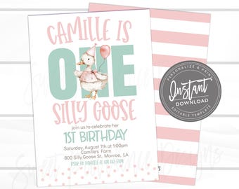 Silly Goose 1st Birthday Invitation, Girl Birthday Invite, First Birthday Silly Goose, Farm Animals, Editable Template, Instant Access