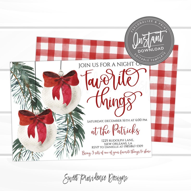 K&ouml;nnte beinhalten: Eine Weihnachtseinladung mit dem Text "Join us for a night of Favorite Things". Das Design umfasst Aquarellornamente mit roten Schleifen und Tannenzweigen. Ein rot-wei&szlig;es Karomuster befindet sich im Hintergrund.