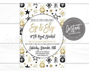 Christmas Flyer, Editable Sip & Shop Holiday Boutique Invite, Business open house shopping flyer template, Black Friday, Instant Download