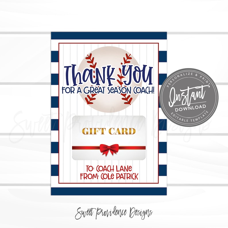 May include: A baseball-themed gift card holder with a baseball graphic and the text "Thank You For A Great Season Coach!". It includes a gift card slot with a red bow and the text "Gift Card". The design is framed with navy blue stripes.