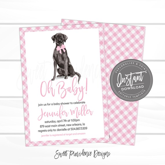Dog Baby Shower Invitation, Oh Baby Invitation, Pink Girl Gingham Dog Invitation, Black Lab, Puppy Dog, Editable invite, Instant Access Il_570xn