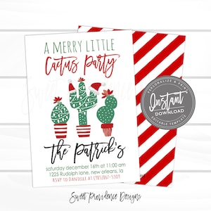 Pu&ograve; includere: Un invito bianco con tre cactus verdi in vasi a righe rosse e bianche, due con cappelli da Babbo Natale e luci. Il testo recita A MERRY LITTLE Cactus Party, the Patrick's e i dettagli dell'evento. &Egrave; visibile una busta a righe rosse e bianche.