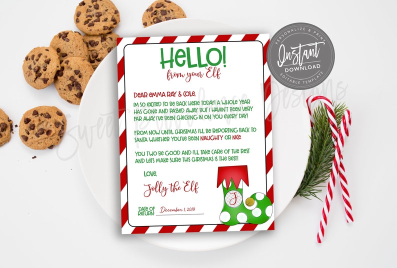 May include: A festive Christmas-themed letter from an elf, featuring red and white striped borders and a green and red elf shoe graphic. The letter is accompanied by chocolate chip cookies, candy canes, and a sprig of greenery.