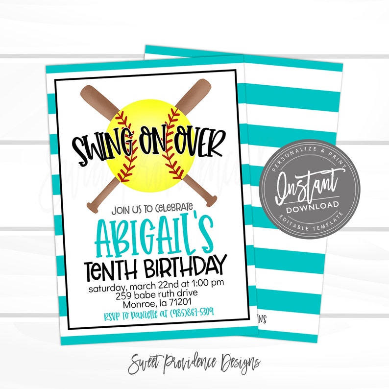 Softball Birthday Invitation, Pool Party, Editable Softball team party, Girl Sports Birthday Invite, Printable Instant Access EDIT NOW 画像 1
