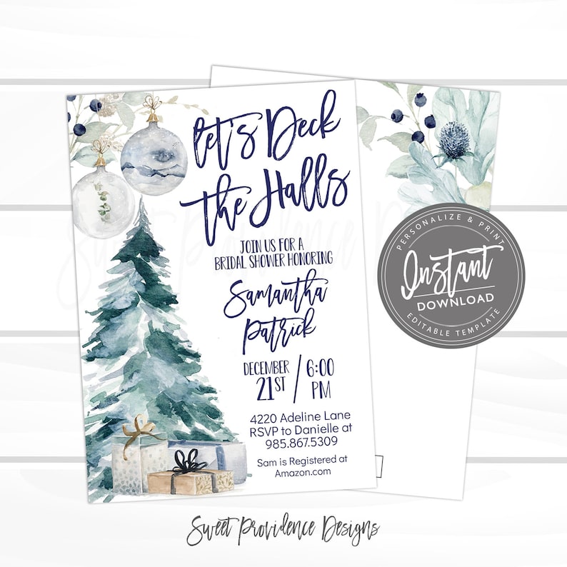 K&ouml;nnte beinhalten: Eine Einladung im Aquarellstil f&uuml;r eine Babyparty mit dem Text "Let's Deck the Halls". Das Design zeigt einen Weihnachtsbaum, Ornamente und Geschenke. Die Einladung enth&auml;lt den Namen "Samantha Patrick" und Veranstaltungsdetails.