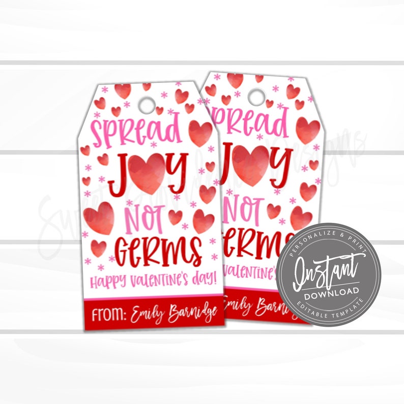 Puede incluir: Etiquetas de regalo imprimibles para el D&iacute;a de San Valent&iacute;n con un dise&ntilde;o de coraz&oacute;n de acuarela. Las etiquetas incluyen el texto "Spread Joy Not Germs" y "Happy Valentine's Day!" con espacio para agregar un nombre. Las etiquetas son personalizables y se pueden imprimir en casa.