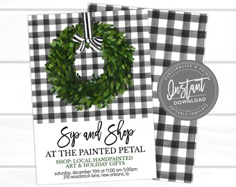 Christmas Flyer, Editable Ornament Sip & Shop Holiday Boutique Invite, Business shopping flyer, open house template  Instant Download
