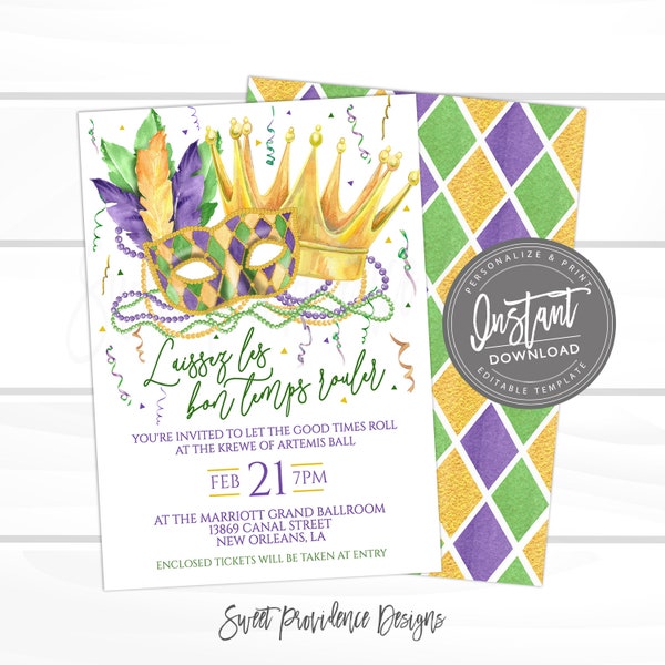 Mardi Gras Ball Invitation, Editable Laissez les bon Temps Rouler Celebration template, Carnival invite template, Printable Instant Access