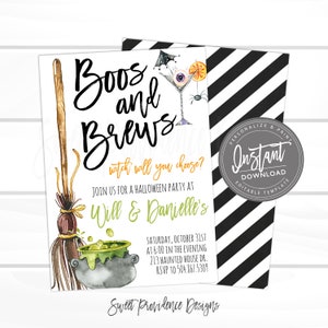 May include: Halloween party invitation with the words "Boos and Brews" in black script. The invitation includes a witch's broom, a cauldron, and a cocktail with a spooky eyeball. The invitation also includes the text "Instant Download".