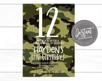 Editable Camo Party Invitation, Birthday Party, Boy Birthday Invitation, Camouflage Birthday Party, Camo party, Any Age, Instant Access