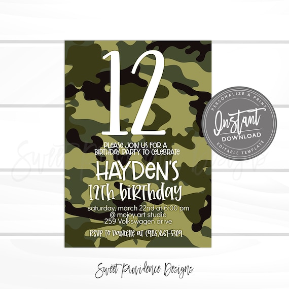 Editable Camo Party Invitation, Birthday Party, Boy Birthday Invitation