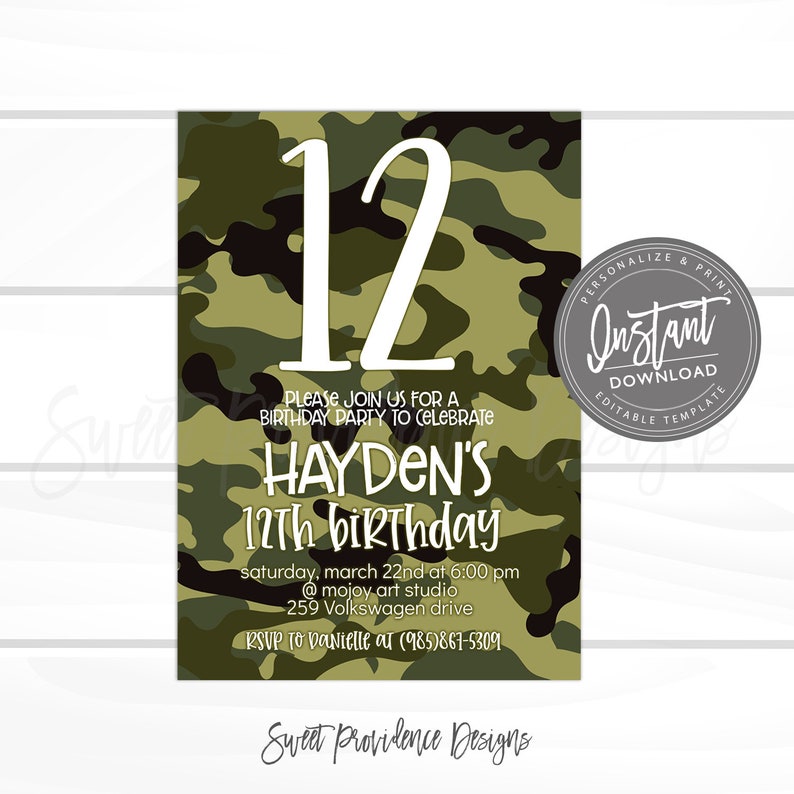 May include: A green camouflage pattern birthday invitation for a 12th birthday party. The invitation says "Please join us for a birthday party to celebrate Hayden's 12th birthday" and includes the date, time, location, and RSVP information.