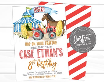 Fair Birthday Invitation, Carnival, Red Tractor, Fall Theme Invitation, Editable Birthday Invitation Template, Instant Download