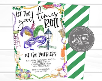 May include: A Mardi Gras party invitation with a watercolor illustration of a purple, green, and gold mask, a street lamp, a saxophone, and a king cake. The text reads "Let the good times roll at The Patrick's" and includes the date, time, and location of the party. RSVP information is also included.