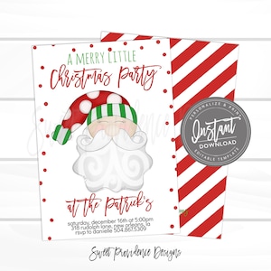 May include: A rectangular Christmas party invitation template featuring a red and white polka dot border, a central illustration of a Santa Claus face with a red and white hat, and text reading A MERRY LITTLE Christmas Party at the Patrick's.