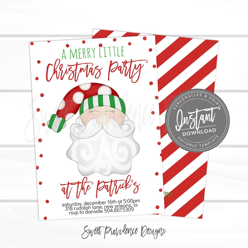 May include: A rectangular Christmas party invitation template featuring a red and white polka dot border, a central illustration of a Santa Claus face with a red and white hat, and text reading A MERRY LITTLE Christmas Party at the Patrick's.