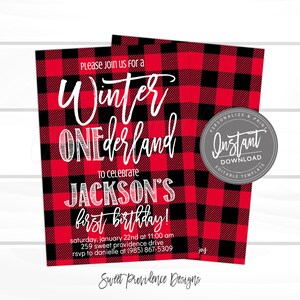 May include: A red and black plaid invitation for a first birthday party. The invitation reads "Winter ONEderland" and includes the party details. A circular graphic on the right side says "Instant Download".