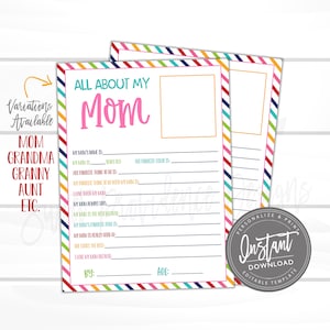 Carte Fête des Mères, Questionnaire MODIFIABLE, Tout sur les mamans, Questions d'enquête pour les enfants, Sondage pour la fête des Mères, Cadeau pour la fête des Mères, Cadeau pour grand-mère