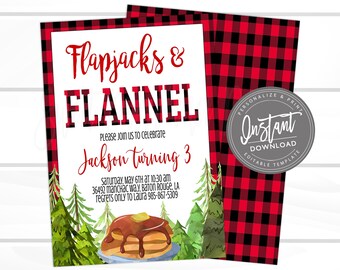 May include: A party invitation with a red and black plaid border. The invitation reads "Flapjacks & Flannel" in red and black text. The invitation includes the text "Jackson Turning 3" and event details. A stack of pancakes with syrup is illustrated.